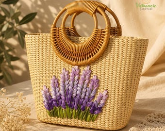 Handmade Bamboo Straw Handbag, Floral Embroidered Tote, Woven Summer Purse, Boho Beach Bag