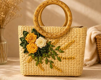 Handwoven Bamboo Straw Handbag, Ribbon Floral Embroidery, Boho Summer Tote Bag
