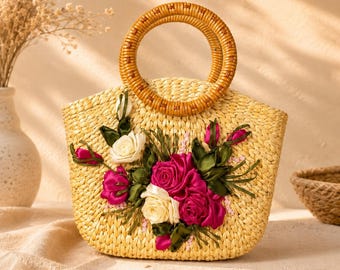 Handmade Woven Bamboo Handbag, Floral Straw Tote Bag, Boho Summer Purse