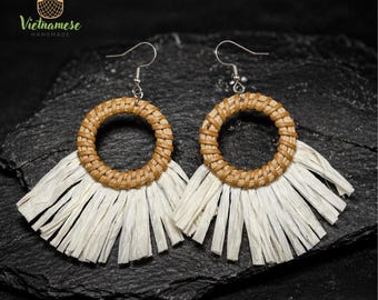 Handmade Rattan Teardrop Earrings, Boho Woven Straw Jewelry, Coastal Nature Inspired