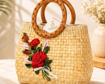 Handmade Straw Tote Bag with Bamboo Handle, Embroidered Water Hyacinth Purse, Boho Beach Handbag