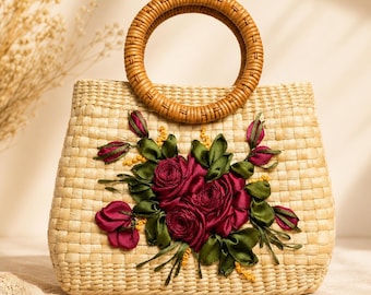 Handmade Woven Bamboo Handbag, Floral Straw Tote Bag, Boho Beach Purse, Summer Vacation Bag