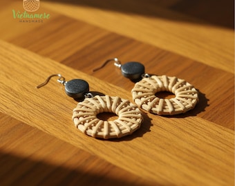 Handmade Rattan Teardrop Earrings, Boho Woven Straw Jewelry, Natural Summer Style