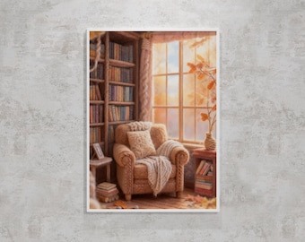 Cozy Knitted Reading Chair Window Scene Printable Wall Art, Neutral Home Decor, Instant Download