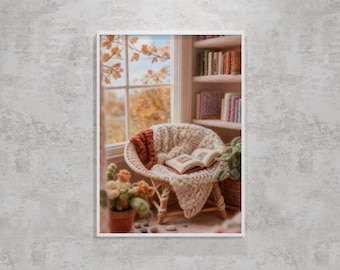 Cozy Knitted Reading Nook Window Scene Printable Wall Art, Neutral Home Decor, Instant Download