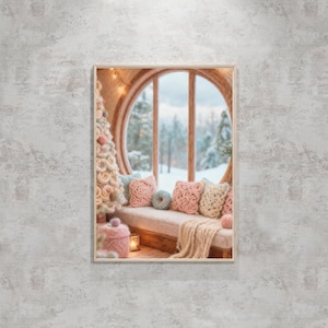Cozy Winter Round Window Knitted Style Printable Art  Soft Pastel Wall Decor