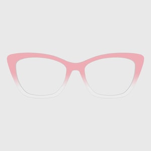 May include: Cat-eye glasses featuring a pink frame that transitions into a clear, transparent bottom rim. The design has a distinct upswept outer corner shape, providing a classic look with a smooth gradient from solid color to clear material.