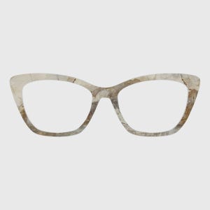 May include: Cat-eye glasses frames featuring a light beige and brown marbled pattern. The frames have a smooth, polished finish with a distinct pointed outer edge, showcasing a swirling stone-like texture throughout the entire structure.
