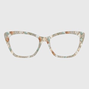 May include: Cat-eye spectacles featuring a mosaic design in beige, brown, and pale blue. The frames have a textured finish. The lenses are clear, and the overall design is elegant and stylish. The frame width is approximately 14 cm.