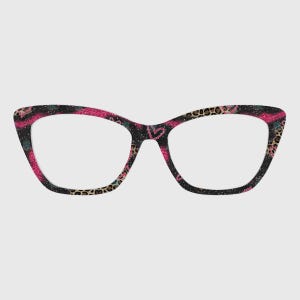 May include: Cat-eye spectacles with a black, pink, and leopard print design. The frames have a glittery finish and heart details. The lenses are clear.