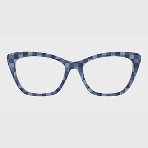 May include: Cat-eye glasses frames featuring a blue and white checkered gingham pattern. The frames have a distinct upswept outer corner design and a smooth, uniform finish across the entire surface of the rims and the bridge area.
