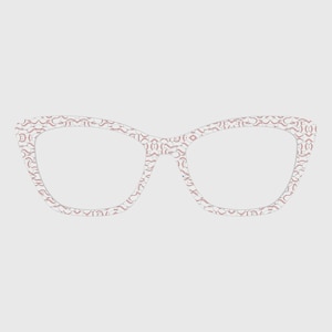 May include: Cat-eye style eyeglasses with a white frame featuring a repeating pattern in a muted rose color. The lenses are clear, and the glasses are set against a light gray background.