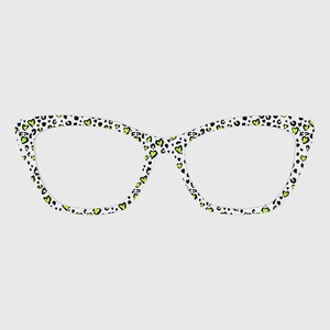 May include: Cat-eye style eyeglasses with a white frame, adorned with a pattern of black spots and small green heart shapes. The glasses have a retro aesthetic, suitable for fashion or as a statement accessory.