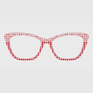 May include: Cat-eye glasses frames featuring a red and white gingham check pattern across the entire surface, accented with a delicate white lace-like floral print along the top rim of the frames, creating a distinct layered visual effect.