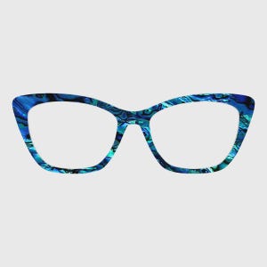 May include: Cat-eye glasses featuring a vibrant, iridescent blue and green abalone shell pattern across the entire frame. The design displays a swirling, multi-tonal texture with deep navy, bright turquoise, and emerald green hues throughout.