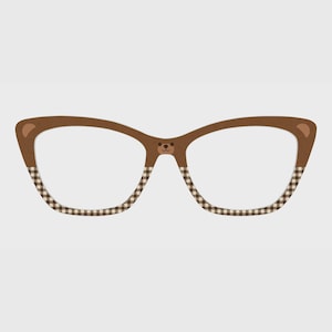 May include: Cat-eye shaped glasses frames in a solid brown color with a small bear face icon on the bridge. The lower rims feature a brown and white gingham checkered pattern, while the upper corners have a subtle rounded ear-like design.