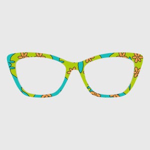 May include: Cat-eye style eyeglasses with a vibrant design. The frames feature a combination of green, teal, and orange. The green sections are adorned with orange floral patterns, while teal accents add contrast. The lenses are clear.