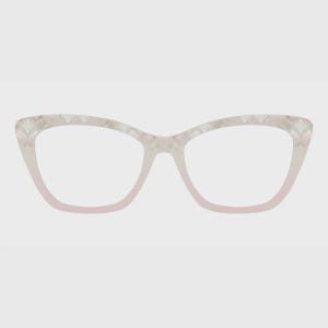 May include: Cat-eye style eyeglasses with a gradient pink frame. The upper frame features a decorative pattern in pink and gold. The lenses are clear, and the overall design is feminine and stylish.