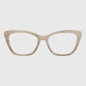 May include: Cat-eye spectacles with a light beige frame. The frame has a delicate rose pattern. The lenses are clear. These glasses are a stylish accessory.
