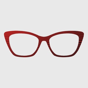 May include: Red cat-eye eyeglasses with a striped pattern. The frames are a vibrant red with darker red stripes, creating a textured appearance. The lenses are clear, and the overall design is modern and stylish.