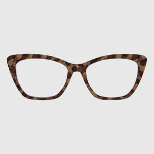 May include: Cat-eye eyeglasses with a brown, speckled pattern. The frames have a classic shape with a slightly upswept outer edge. The lenses are clear, and the overall design is modern and stylish.