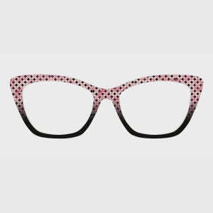 May include: Cat-eye glasses frames featuring a pink and black checkered pattern. The design transitions from a light pink and black diamond motif at the top of the rims to a solid black color along the bottom edges of the frames.