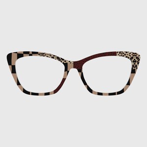 May include: Stylish cat-eye glasses with a distinctive patterned design. The frames showcase a mix of black and tan chequered, leopard print, and striped patterns. The lenses are clear, and the overall style is fashionable and eye-catching.