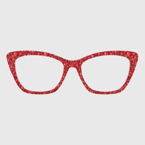 May include: Cat-eye glasses frames featuring a vibrant red glitter finish. The frames have a distinct upswept shape at the outer corners and a smooth, reflective surface texture that catches the light, creating a sparkling appearance throughout.
