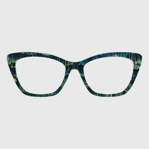 May include: Cat-eye style eyeglasses with a unique pattern. The frames feature a dark teal and gold design with vertical lines, creating a textured appearance. The lenses are clear, and the overall shape is a classic cat-eye silhouette.