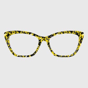 May include: Cat-eye style eyeglasses with a pixelated pattern in yellow, black, and gray. The frames have a retro design with a bold, angular shape. The lenses are clear, and the glasses are set against a plain background.