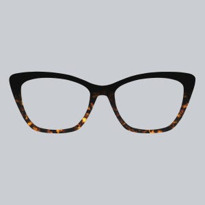 May include: Cat-eye style eyeglasses with a black frame and a tortoise shell pattern on the lower portion of the frame. The glasses have a classic, elegant design.