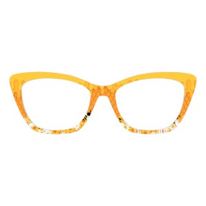 Könnte beinhalten: Gelbe Cat-Eye-Brille mit Honig- und Blumenmuster. Die Fassungen haben oben ein tropfendes Honigmuster und an den Seiten ein Wabenmuster. Der untere Teil der Fassungen hat ein Blumenmuster mit kleinen Bienen.