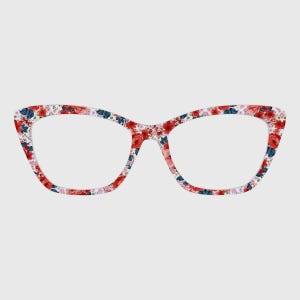 May include: Cat-eye glasses featuring a vibrant floral pattern across the frames. The design includes detailed illustrations of red roses, small pink blossoms, and dark blue leaves set against a white background, creating a bold and colorful look.