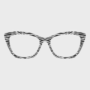 May include: Cat-eye spectacles featuring a black and white zebra print pattern. The frames have a striking design, ideal for adding a touch of style. The glasses are set against a plain, light background, highlighting the bold pattern.