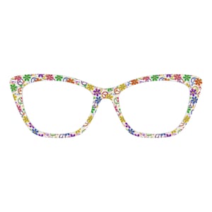 May include: Cat-eye style eyeglasses with a white frame covered in a colorful floral and peace sign pattern. The lenses are clear, and the overall design is reminiscent of the 1960s and 70s.