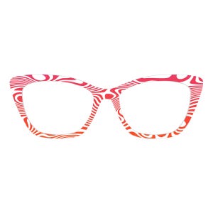 May include: Cat-eye style eyeglasses with a white and red wavy pattern. The frames have a bold, retro design with a gradient of red to orange at the bottom of the frame. The glasses are set against a white background.