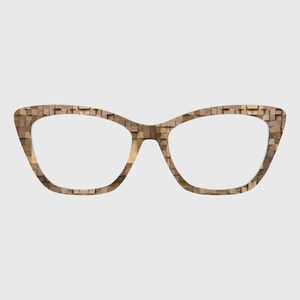 May include: Cat-eye style eyeglasses with a unique wooden block pattern. The frames feature a light brown color with a textured appearance. The lenses are clear, and the overall design is modern and stylish.