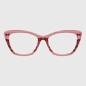 May include: Cat-eye style eyeglasses with a red and white plaid pattern. The frames feature small red bows at the outer corners. The glasses have a retro, vintage aesthetic.