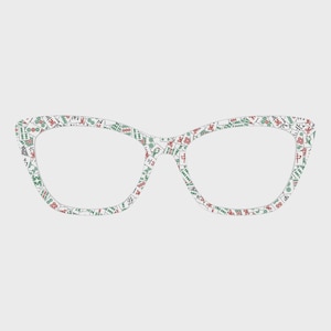 May include: Cat-eye style eyeglasses with a white frame covered in a pattern of red and green Mahjong tiles. The glasses have a classic, elegant shape, suitable for everyday wear.
