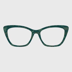 May include: Green cat-eye eyeglasses with a gold floral pattern. The frames have a dark green base color with gold leaf-like designs. The lenses are clear, and the overall design is modern and stylish.