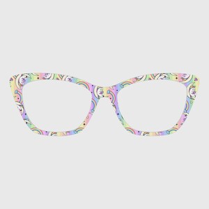 May include: Cat-eye style eyeglasses with a pastel rainbow and unicorn pattern. The frames feature a repeating design of rainbows, crescent moons, stars, and unicorns in shades of pink, yellow, blue, and purple. The glasses have a light-colored background.