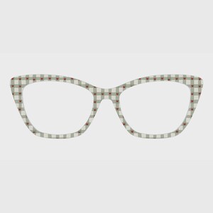 May include: Cat-eye glasses frames featuring a light sage green and white gingham check pattern. The frame surface is decorated with a repeating print of tiny, dark red hearts centered within the squares of the checkered pattern.