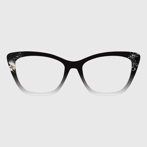 Puede incluir: Gafas negras de ojo de gato con un degradado de negro a blanco. El lado izquierdo presenta una margarita blanca con un centro amarillo y pequeños detalles negros. El lado derecho tiene un patrón de burbujas negras.