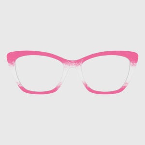 Puede incluir: Unas gafas rosas con forma de ojo de gato. Las monturas son de color rosa vibrante con un degradado blanco y pequeños puntos blancos en los bordes. Las lentes son transparentes, con un diseño moderno y elegante.