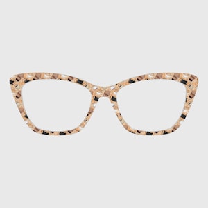 May include: Cat-eye glasses featuring a repeating pattern of small coffee mugs in shades of brown, tan, and black. The frames have a distinct upswept outer edge and a light beige background, showcasing a dense print of various beverage containers.