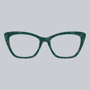 May include: Cat-eye eyeglasses with a dark teal frame featuring a gold floral pattern. The lenses are clear, and the glasses are set against a light gray background. The design is elegant and suitable for everyday wear.