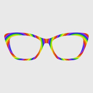 Puede incluir: Gafas con montura de arcoíris. La montura de ojo de gato presenta un degradado de colores que incluye rojo, naranja, amarillo, verde, azul y morado. Las lentes son transparentes, sobre un fondo gris claro.