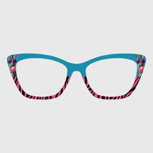 Puede incluir: Gafas de ojo de gato turquesas con estampado de cebra rosa y negro en los bordes inferiores. Las patillas presentan una cebra con gafas de sol y una burbuja rosa en forma de corazón. Un accesorio divertido y elegante.