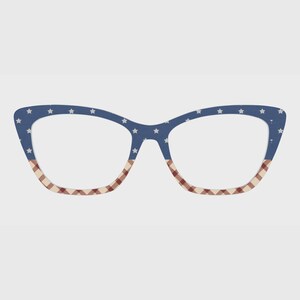May include: Cat-eye glasses frames featuring a two-tone design. The upper portion is dark blue with a repeating pattern of small white stars, while the lower portion features a red and white checkered gingham pattern across the rims.