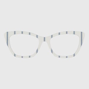 Puede incluir: Gafas de ojo de gato con montura gris claro y un patrón repetitivo de finas rayas verticales de color azul oscuro. Los cristales son transparentes y la montura tiene un borde exterior puntiagudo característico con un puente central.
